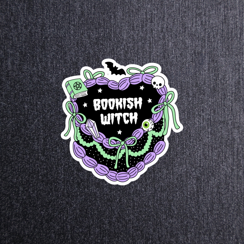 Bookish Witch Cake Sticker. These stickers are made with printable vinyl with a vinyl top coat that is scratch-resistant and water resistant.