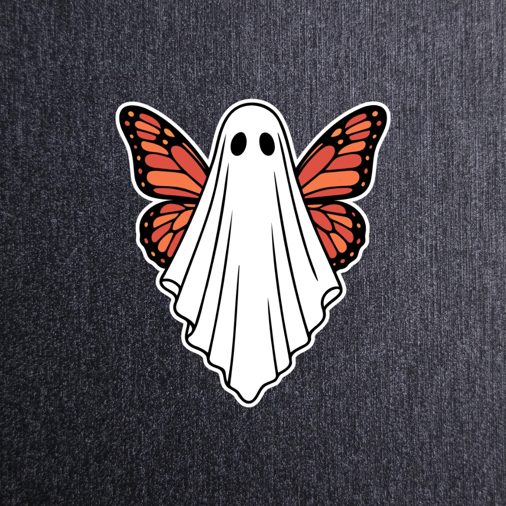Butterfly Ghost Sticker These stickers are made with printable vinyl with a vinyl top coat that is scratch-resistant and water resistant.