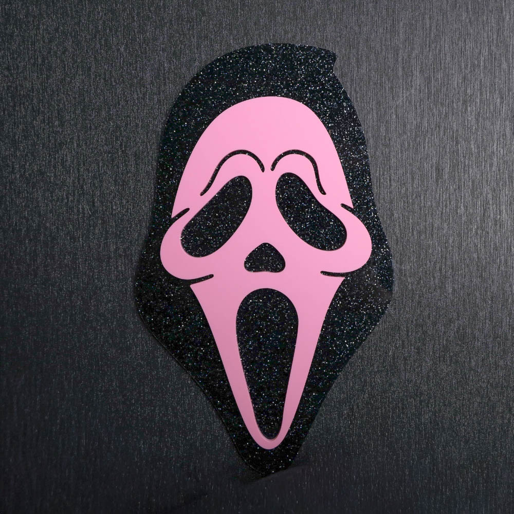 Ghostface Pink Glitter Sign. This sign is made with black glitter acrylic base and a bubblegum pink acrylic topper. Comes with attachable keyhole.