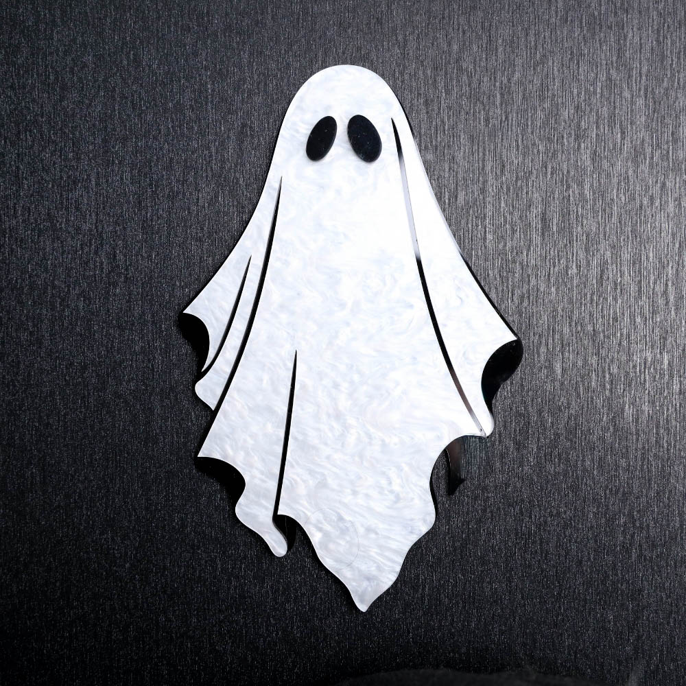 Ghost White Pearl Sign. This sign is made with black acrylic base, white pearl acrylic, and a black acrylic eyes. Comes with attachable keyhole.