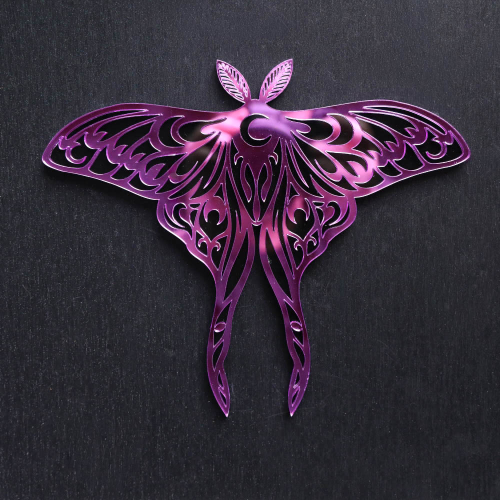 Luna Moth Purple Mirror Sign. This sign is made with black acrylic base and a purple mirror top layer. Comes with attachable keyhole.