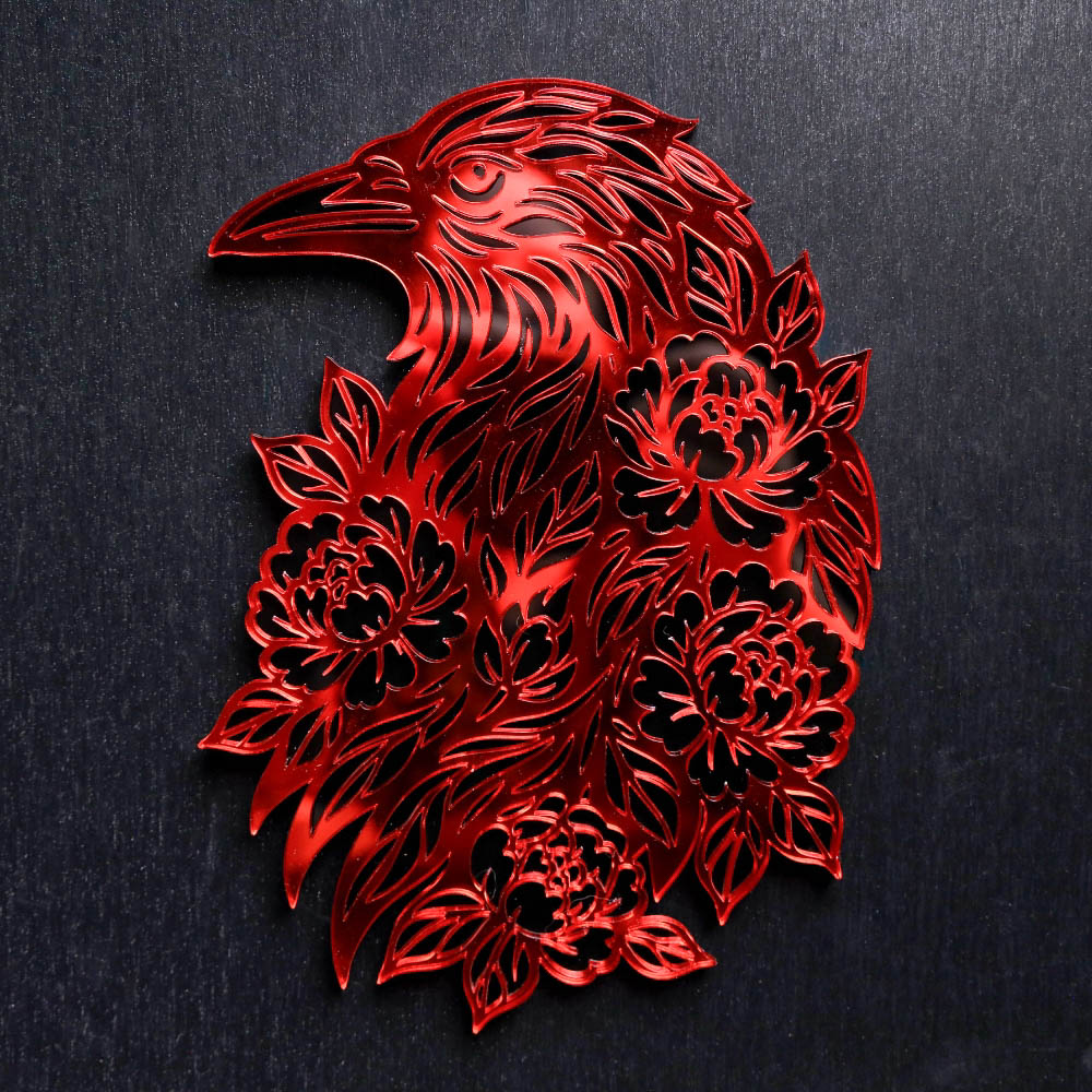 Raven Cherry Red Mirror Sign. This sign is made with black acrylic base and a cherry red mirror top layer. Comes with attachable keyhole.
