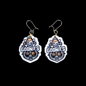 Goonies Earrings. These earrings are made with acrylic and hand heat pressed. Comes with 18k plated gold hooks that is nickel free.