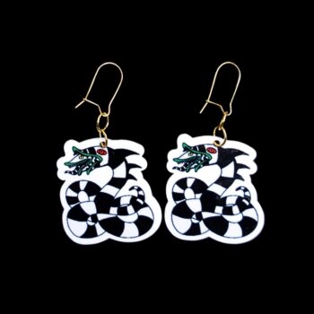 Sandworm Earrings. These earrings are made with acrylic and hand heat pressed. Comes with 18k plated gold hooks that is nickel free. Easily put loop through ear and hook back so the earring doesn’t fall out.