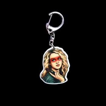 80's Killer Chick Bag Tag. This bag tag is made with acrylic and heat pressed. Comes with lobster clasp topper that easily hooks to a bag, zippers, and lanyards for fun display and swivels. White backside.