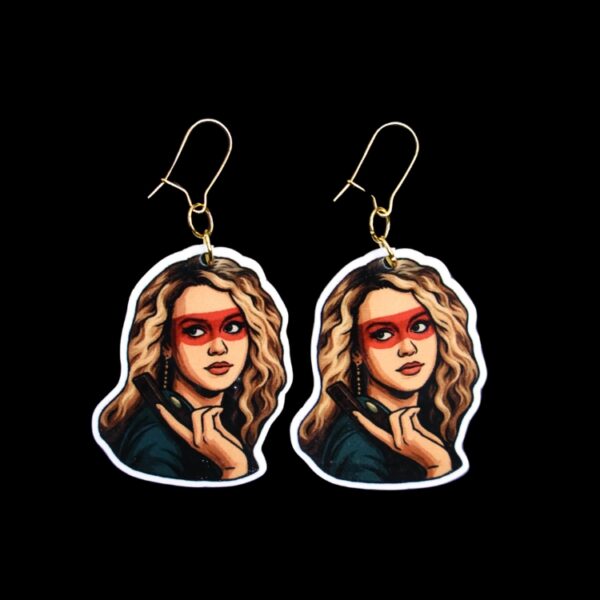 80's Killer Chick Earrings. These earrings are made with acrylic and hand heat pressed. Comes with 18k plated gold hooks that is nickel free. Easily put loop through ear and hook back so the earring doesn’t fall out.