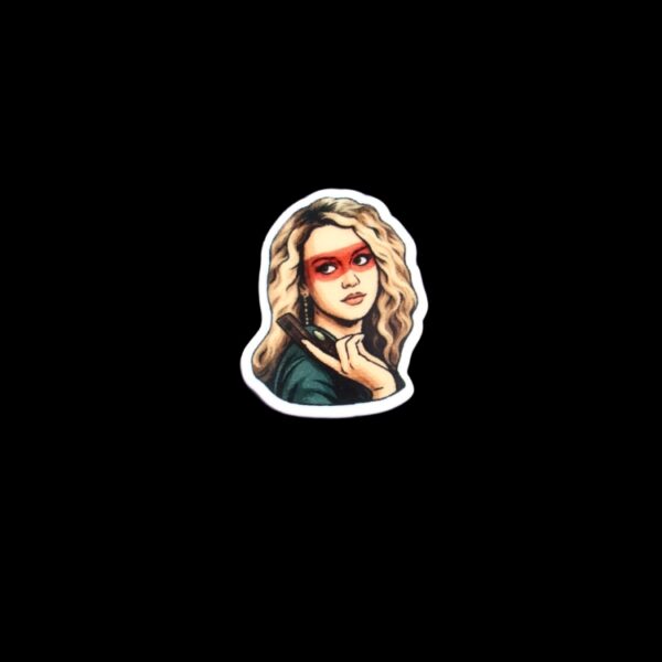 80's Killer Chick Pin. These pin are made with thick acrylic and hand heat pressed. Comes with metal pin with black rubber stopper.