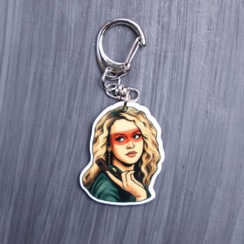 80's Killer Chick Bag Tag. This bag tag is made with acrylic and heat pressed. Comes with lobster clasp topper that easily hooks to a bag, zippers, and lanyards for fun display and swivels. White backside.