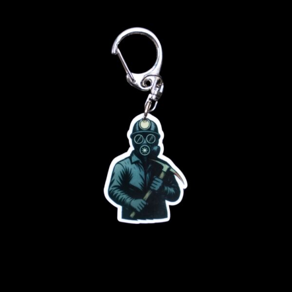 Bloody Miner Bag Tag. This bag tag is made with acrylic and heat pressed. Comes with lobster clasp topper that easily hooks to a bag, zippers, and lanyards for fun display and swivels. White backside.