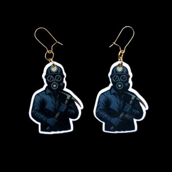 Bloody Miner Earrings. These earrings are made with acrylic and hand heat pressed. Comes with 18k plated gold hooks that is nickel free. Easily put loop through ear and hook back so the earring doesn’t fall out.
