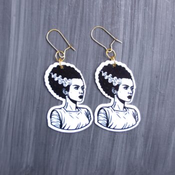 Bride Earrings. These earrings are made with acrylic and hand heat pressed. Comes with 18k plated gold hooks that is nickel free. Easily put loop through ear and hook back so the earring doesn’t fall out.