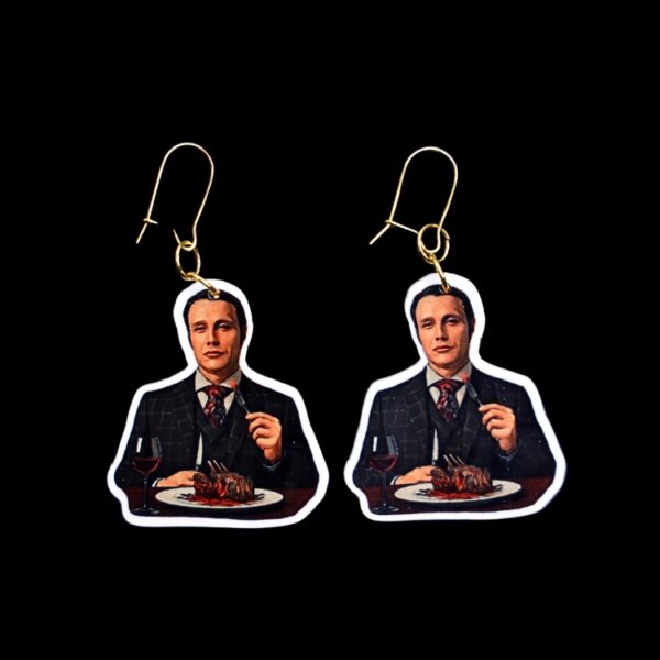 Chesapeake Ripper Eats Earrings. These earrings are made with acrylic and hand heat pressed. Comes with 18k plated gold hooks that is nickel free. Easily put loop through ear and hook back so the earring doesn’t fall out.