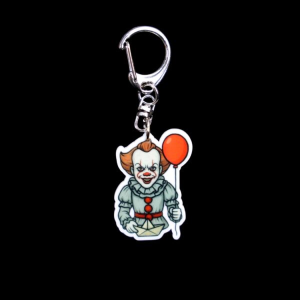 Dancing Clown Bag Tag. This bag tag is made with acrylic and heat pressed. Comes with lobster clasp topper that easily hooks to a bag, zippers, and lanyards for fun display and swivels. White backside.