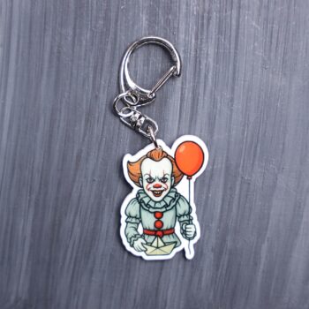 Dancing Clown Bag Tag. This bag tag is made with acrylic and heat pressed. Comes with lobster clasp topper that easily hooks to a bag, zippers, and lanyards for fun display and swivels. White backside.