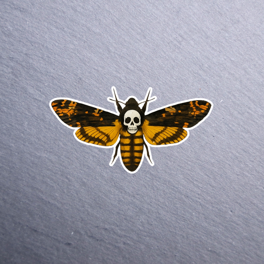 Death Moth Silence Sticker. These stickers are made with printable vinyl with a vinyl top coat that is scratch-resistant and water resistant.