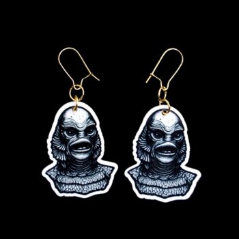 Gillman Earrings. These earrings are made with acrylic and hand heat pressed. Comes with 18k plated gold hooks that is nickel free. Easily put loop through ear and hook back so the earring doesn’t fall out.