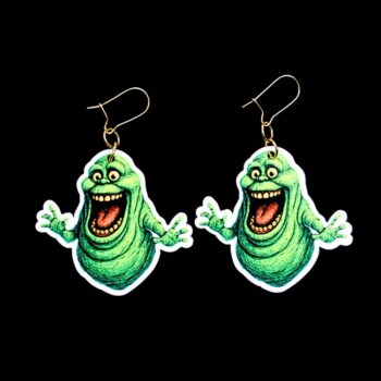 Green Ghost Earrings. These earrings are made with acrylic and hand heat pressed. Comes with 18k plated gold hooks that is nickel free.  Easily put loop through ear and hook back so the earring doesn't fall out.