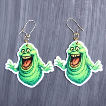 Green Ghost Earrings. These earrings are made with acrylic and hand heat pressed. Comes with 18k plated gold hooks that is nickel free.  Easily put loop through ear and hook back so the earring doesn't fall out.
