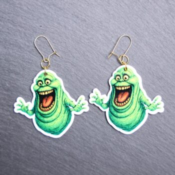 Green Ghost Earrings. These earrings are made with acrylic and hand heat pressed. Comes with 18k plated gold hooks that is nickel free.  Easily put loop through ear and hook back so the earring doesn't fall out.