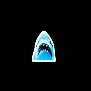 Jaws Pin. These pin are made with thick acrylic and hand heat pressed. Comes with metal pin with black rubber stopper.