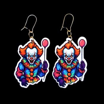 Neon Dancing Clown Earrings. These earrings are made with acrylic and hand heat pressed. Comes with 18k plated gold hooks that is nickel free. Easily put loop through ear and hook back so the earring doesn’t fall out.