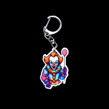 Neon Dancing Clown Bag Tag. This bag tag is made with acrylic and heat pressed. Comes with lobster clasp topper that easily hooks to a bag, zippers, and lanyards for fun display and swivels. White backside.