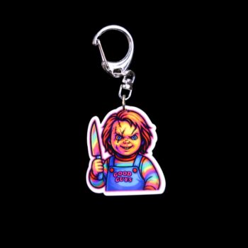 Neon Lakeshore Strangler Bag Tag. This bag tag is made with acrylic and heat pressed. Comes with lobster clasp topper that easily hooks to a bag, zippers, and lanyards for fun display and swivels. White backside.