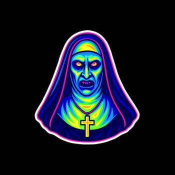 Neon Nun Sticker. These stickers are made with printable vinyl with a vinyl top coat that is scratch-resistant and water resistant. Put one on your phone case, laptop, iPad, hard cooler; the possibilities are endless.