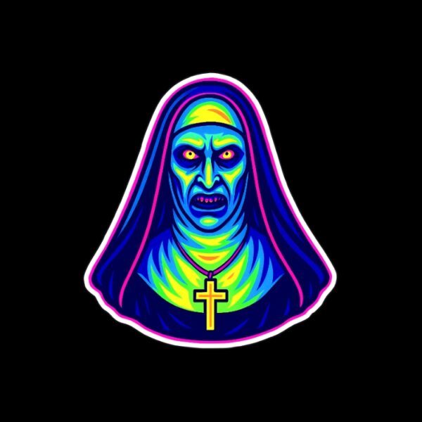 Neon Nun Sticker. These stickers are made with printable vinyl with a vinyl top coat that is scratch-resistant and water resistant. Put one on your phone case, laptop, iPad, hard cooler; the possibilities are endless.