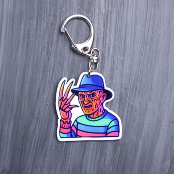 Neon Dream Demon Bag Tags. This bag tag is made with acrylic and heat pressed. Comes with lobster clasp topper that easily hooks to a bag, zippers, and lanyards for fun display and swivels. White backside.