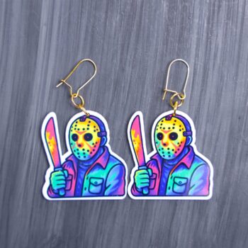 Neon Hockey Face Earrings. These earrings are made with acrylic and hand heat pressed. Comes with 18k plated gold hooks that is nickel free. Easily put loop through ear and hook back so the earring doesn’t fall out.