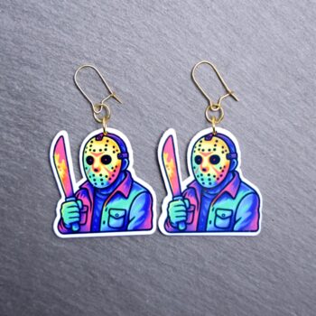 Neon Hockey Face Earrings. These earrings are made with acrylic and hand heat pressed. Comes with 18k plated gold hooks that is nickel free. Easily put loop through ear and hook back so the earring doesn’t fall out.