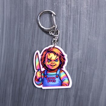 Neon Lakeshore Strangler Bag Tag. This bag tag is made with acrylic and heat pressed. Comes with lobster clasp topper that easily hooks to a bag, zippers, and lanyards for fun display and swivels. White backside.