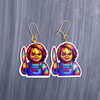 Neon Lakeshore Strangler Earrings. These earrings are made with acrylic and hand heat pressed. Comes with 18k plated gold hooks that is nickel free. Easily put loop through ear and hook back so the earring doesn’t fall out.