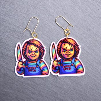 Neon Lakeshore Strangler Earrings. These earrings are made with acrylic and hand heat pressed. Comes with 18k plated gold hooks that is nickel free. Easily put loop through ear and hook back so the earring doesn’t fall out.