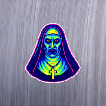 Neon Nun Sticker. These stickers are made with printable vinyl with a vinyl top coat that is scratch-resistant and water resistant. Put one on your phone case, laptop, iPad, hard cooler; the possibilities are endless.