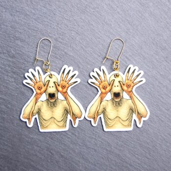 Pale One Earrings. These earrings are made with acrylic and hand heat pressed. Comes with 18k plated gold hooks that is nickel free. Easily put loop through ear and hook back so the earring doesn’t fall out.