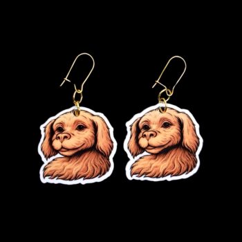 White Dragon Dog Earrings. These earrings are made with acrylic and hand heat pressed. Comes with 18k plated gold hooks that is nickel free. Easily put loop through ear and hook back so the earring doesn’t fall out.