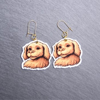 White Dragon Dog Earrings. These earrings are made with acrylic and hand heat pressed. Comes with 18k plated gold hooks that is nickel free. Easily put loop through ear and hook back so the earring doesn’t fall out.