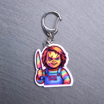 Neon Lakeshore Strangler Bag Tag. This bag tag is made with acrylic and heat pressed. Comes with lobster clasp topper that easily hooks to a bag, zippers, and lanyards for fun display and swivels. White backside.