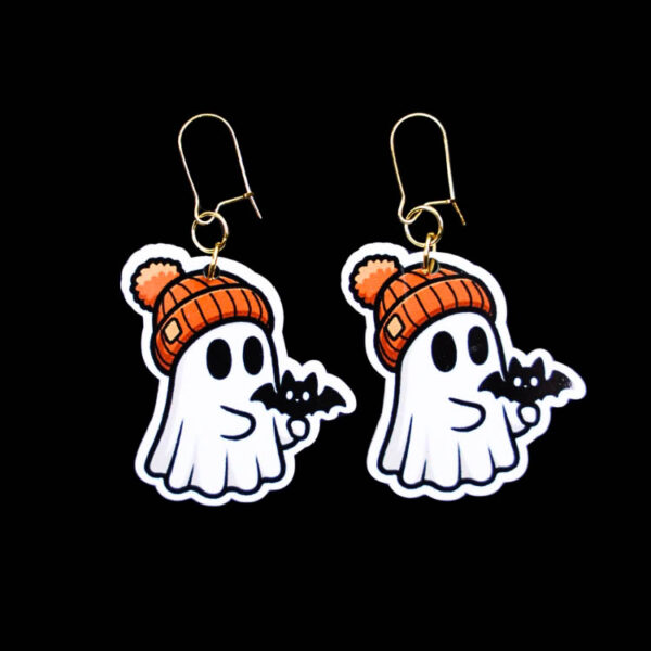 Ghost Beanie Bat Earrings. These earrings are made with acrylic and hand heat pressed. Comes with 18k plated gold hooks that is nickel free. Easily put loop through ear and hook back so the earring doesn’t fall out.