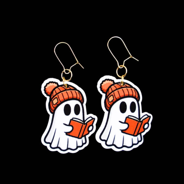 Ghost Beanie Book Earrings. These earrings are made with acrylic and hand heat pressed. Comes with 18k plated gold hooks that is nickel free. Easily put loop through ear and hook back so the earring doesn’t fall out.