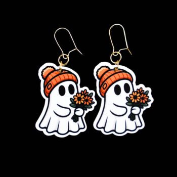 Ghost Beanie Floral Earrings. These earrings are made with acrylic and hand heat pressed. Comes with 18k plated gold hooks that is nickel free. Easily put loop through ear and hook back so the earring doesn’t fall out.