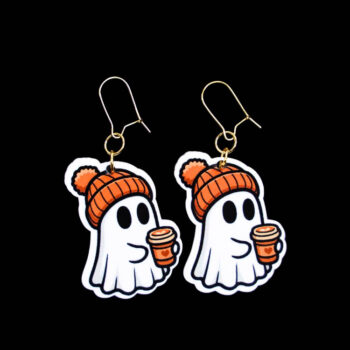 Ghost Beanie Latte Earrings. These earrings are made with acrylic and hand heat pressed. Comes with 18k plated gold hooks that is nickel free. Easily put loop through ear and hook back so the earring doesn’t fall out.