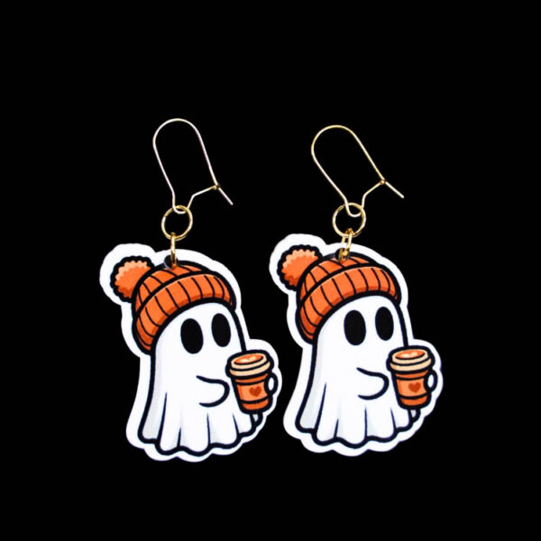 Ghost Beanie Latte Earrings. These earrings are made with acrylic and hand heat pressed. Comes with 18k plated gold hooks that is nickel free. Easily put loop through ear and hook back so the earring doesn’t fall out.