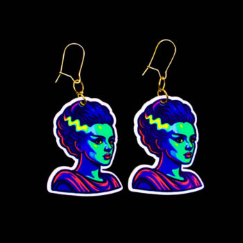 Neon Bride Earrings. These earrings are made with acrylic and hand heat pressed. Comes with 18k plated gold hooks that is nickel free. Easily put loop through ear and hook back so the earring doesn’t fall out.