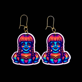 Neon Doll Earrings. These earrings are made with acrylic and hand heat pressed. Comes with 18k plated gold hooks that is nickel free. Easily put loop through ear and hook back so the earring doesn’t fall out.