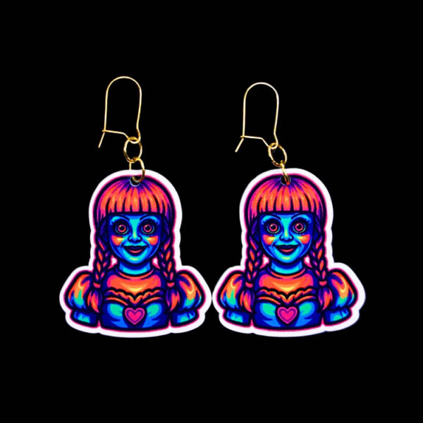 Neon Doll Earrings. These earrings are made with acrylic and hand heat pressed. Comes with 18k plated gold hooks that is nickel free. Easily put loop through ear and hook back so the earring doesn’t fall out.
