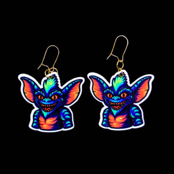 Neon Goblin Earrings. These earrings are made with acrylic and hand heat pressed. Comes with 18k plated gold hooks that is nickel free. Easily put loop through ear and hook back so the earring doesn’t fall out.