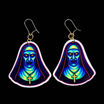 Neon Nun Earrings. These earrings are made with acrylic and hand heat pressed. Comes with 18k plated gold hooks that is nickel free. Easily put loop through ear and hook back so the earring doesn’t fall out.